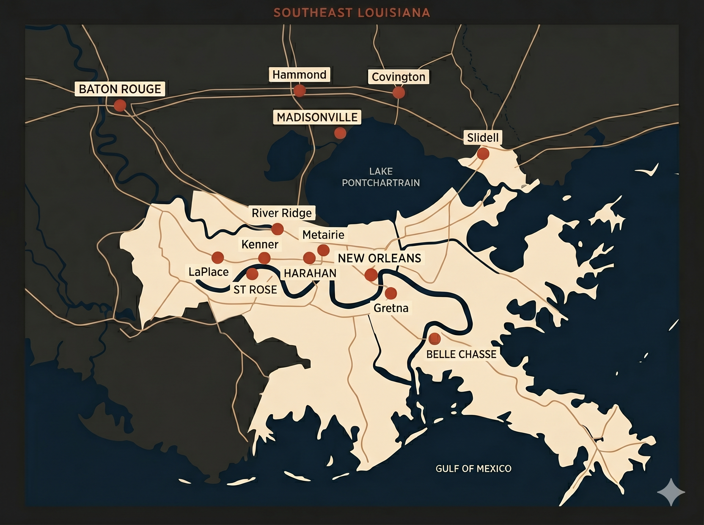 Big Easy Remediation service area map of Southeast Louisiana — covering New Orleans, Metairie, Kenner, Gretna, Slidell, Covington, Hammond, Baton Rouge, Belle Chasse, Harahan, LaPlace, Madisonville, River Ridge, and St Rose